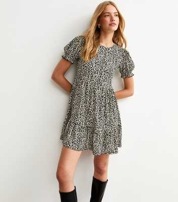 Brown Animal Print Crinkle Texture Smock Tiered Mini Dress