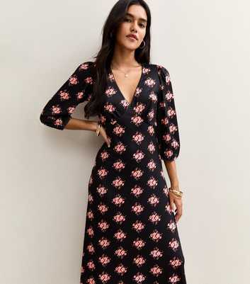 Black Bouquet Print Midi Dress