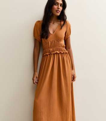 Rust Crinkled Texture Shirred Waist Midi Dress