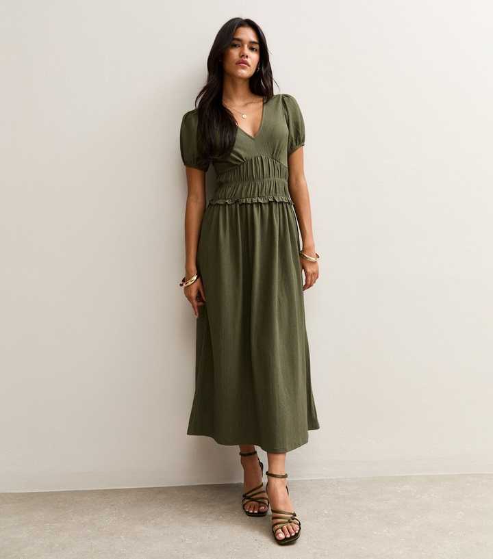 Khaki Crinkled Texture Shirred Waist Midi Dress