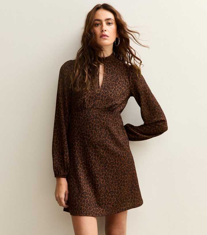 Brown Animal Print Keyhole Mini Dress