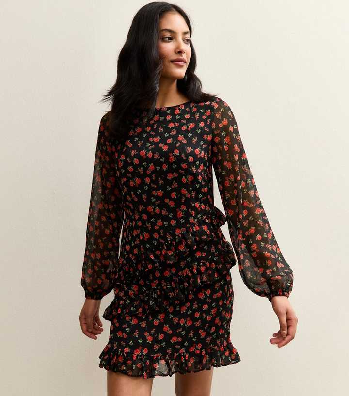 Black Floral Ruffle Long Sleeve Chiffon Mini Dress