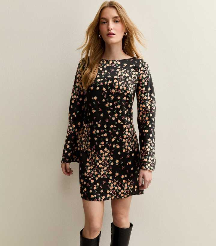 Black Floral Print Satin Mini Dress