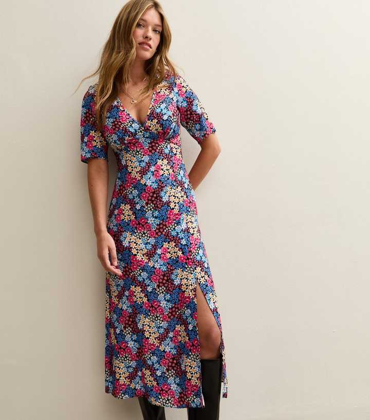 Blue Floral Print Slit Hem Midi Dress