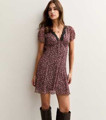Red Ditsy Print Lace Trim V-Neck Mesh Mini Dress