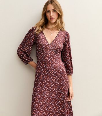 Red Floral Print Midi Tea Dress New Look