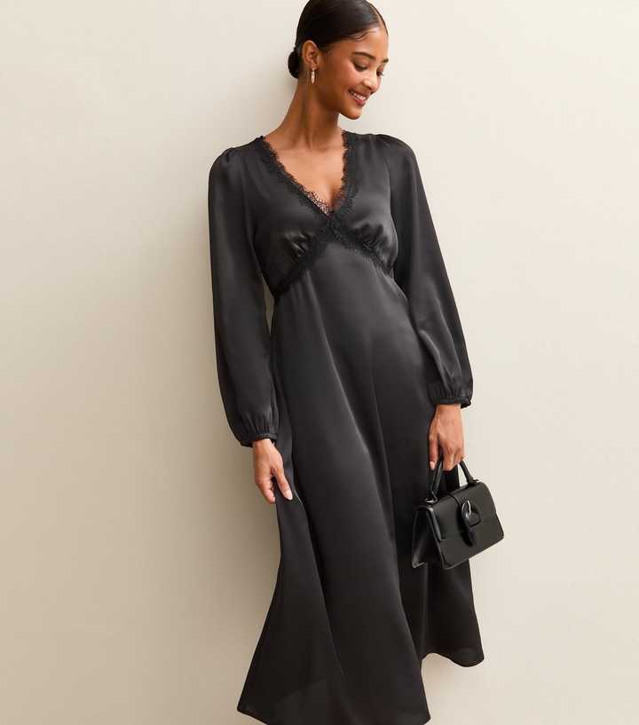 Black Satin Lace Trim Midi Dress
