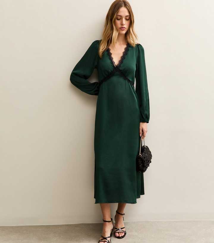 new look green satin dress Lime Green Wrap Satin Dress With Flutter Sleeves – Désir Couture main image 0