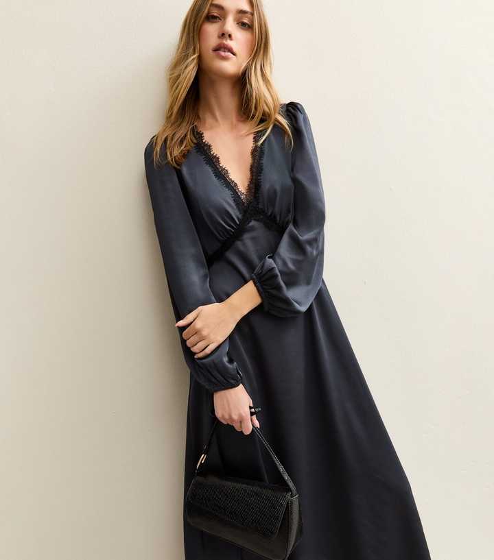 Navy Satin Lace Trim Midi Dress