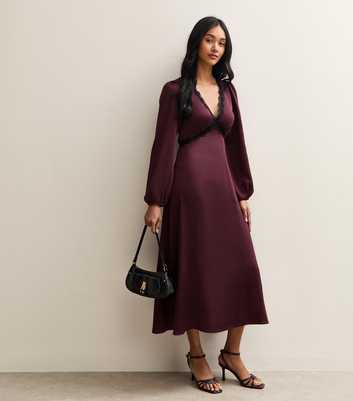 Dark Purple Satin Lace Trim Midi Dress