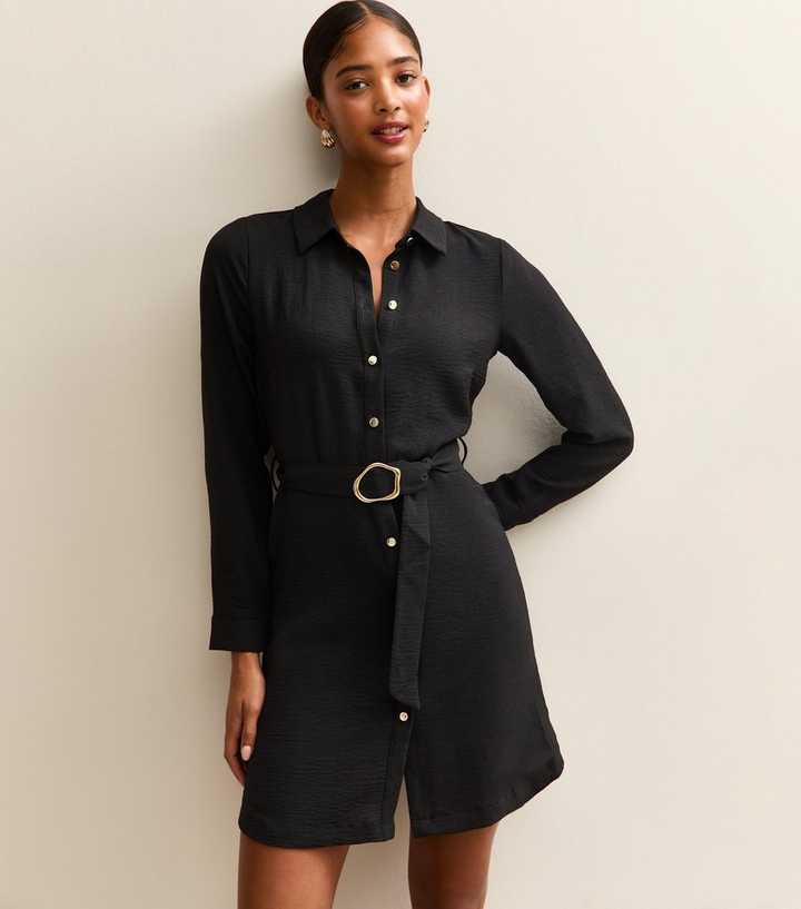 Black Belted Button Through Mini Shirt Dress