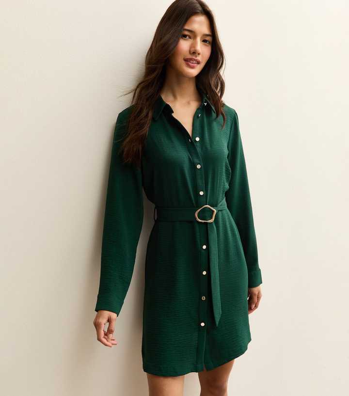 Dark Green Belted Button Through Mini Shirt Dress