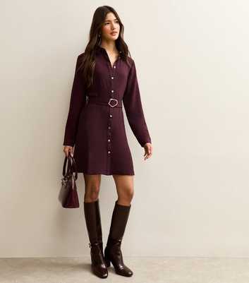 Burgundy Belted Button Through Mini Shirt Dress