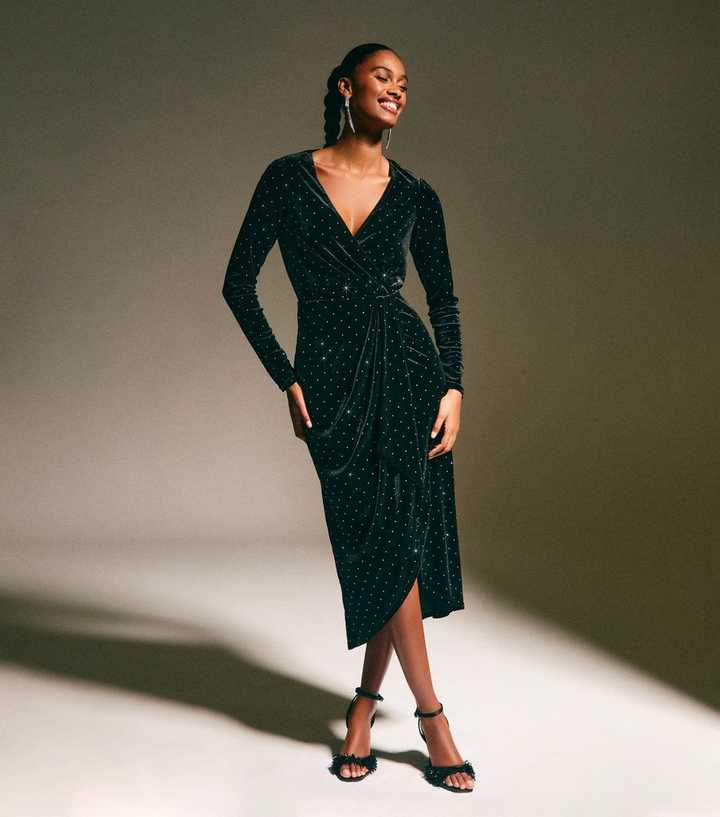 Black Velvet Diamante Embellished Wrap Midi Dress