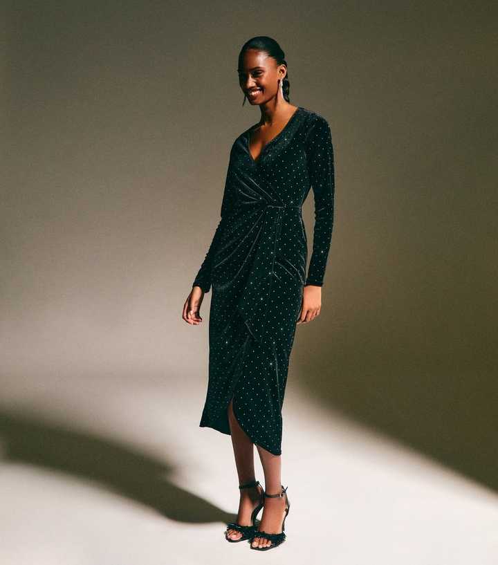 sachin and babi light blue dress Black Velvet Diamante Embellished Wrap Midi Dress