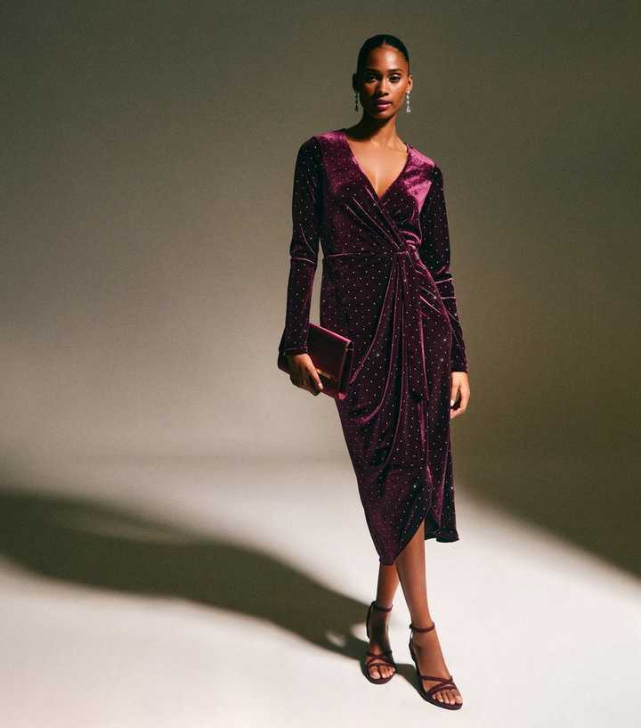 Dark Burgundy Velvet Diamante Embellished Wrap Midi Dress | New Look