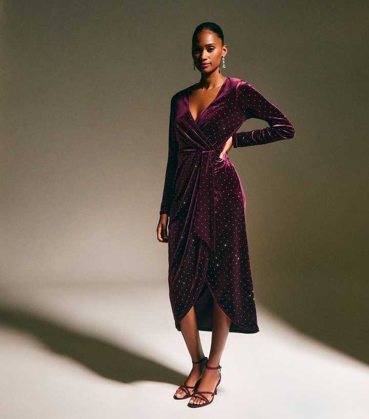 Dark Burgundy Velvet Diamante Embellished Wrap Midi Dress | New Look