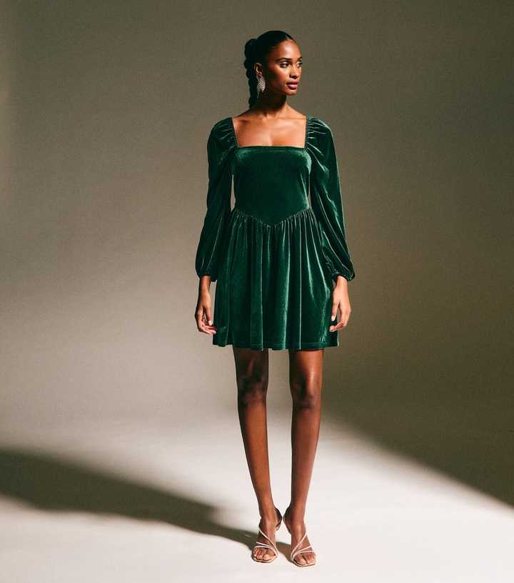 Dark Green Velvet Square Neck Mini Dress