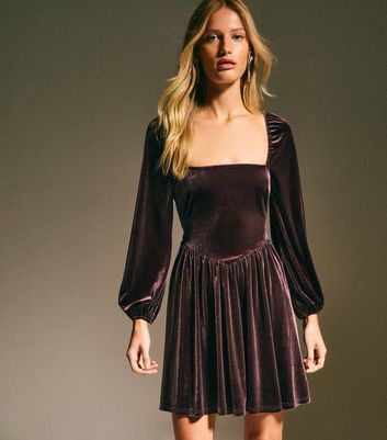 Brown Velvet Square Neck Mini Dress | New Look