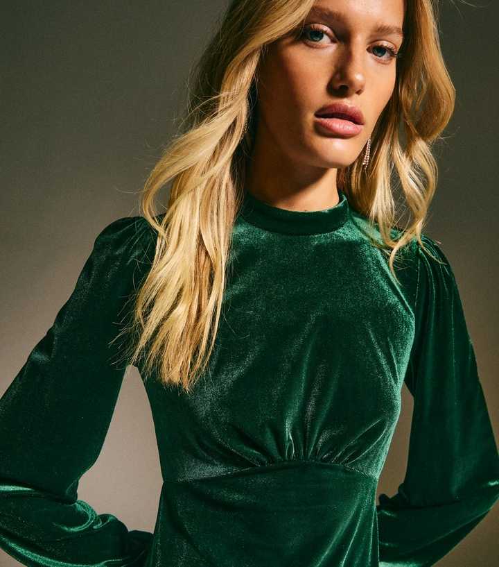 Green Velvet High Neck Long Sleeve Mini Dress