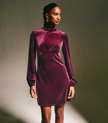 Dark Burgundy Velvet High Neck Long Sleeve Mini Dress