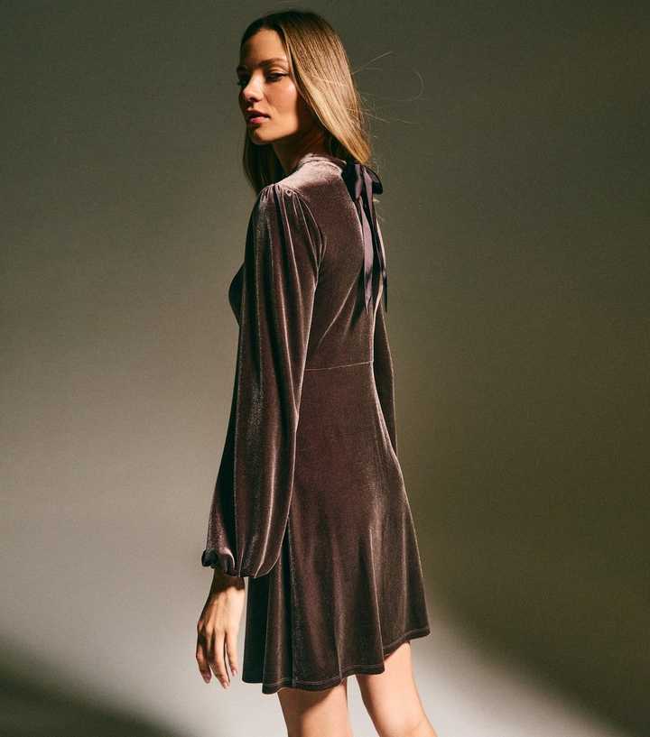 Dark Brown Velvet Long Sleeve Mini Dress