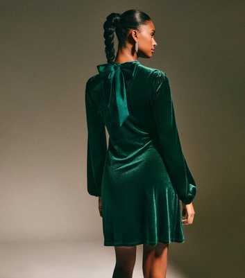 Dark Green Velvet High Neck Long Sleeve Mini Dress