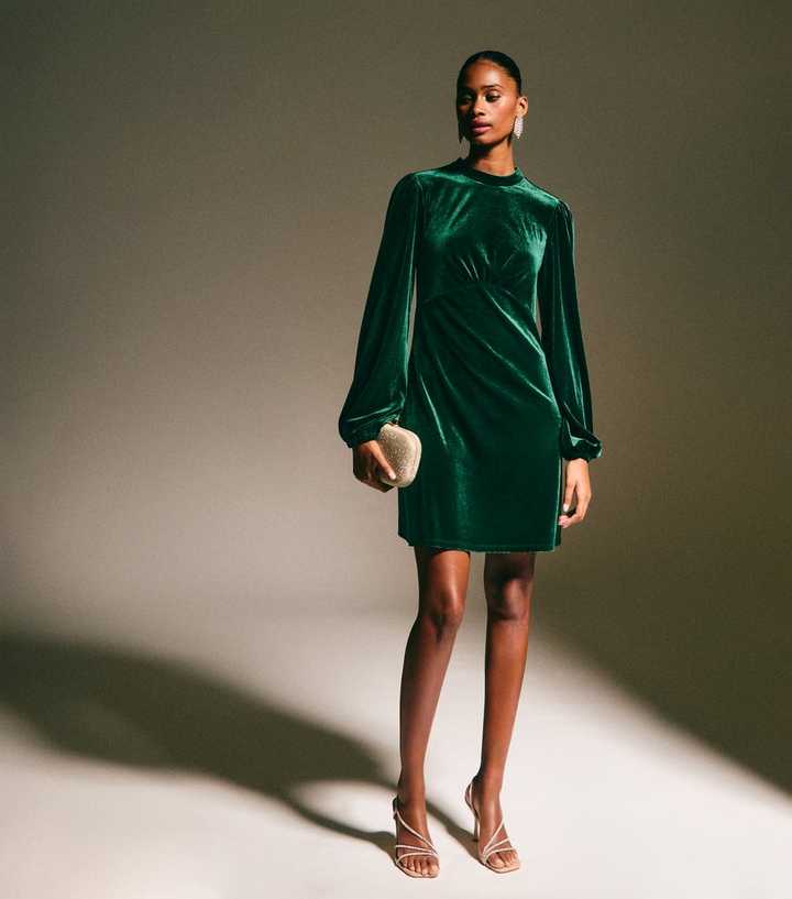 Dark Green Velvet High Neck Long Sleeve Mini Dress | New Look