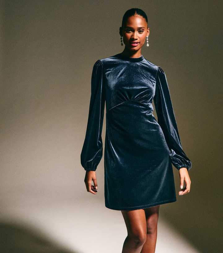fitted lace wedding dress Navy Flocked Petal Long Sleeve Mini Dress main image 1
