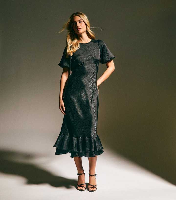 Black Feather Jacquard Satin Midi Dress