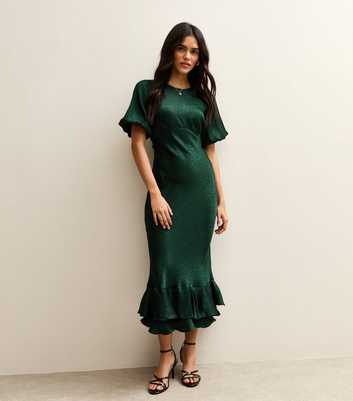 Dark Green Feather Jacquard Satin Midi Dress