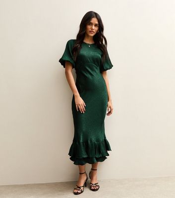 Dark Green Feather Jacquard Satin Midi Dress | New Look