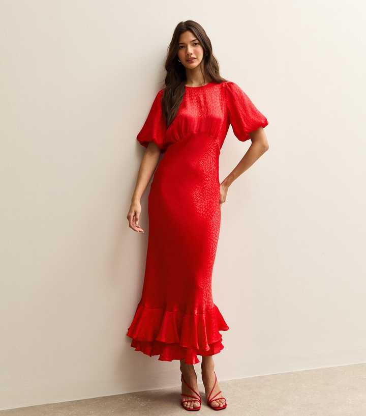 Bright Red Feather Jacquard Satin Midi Dress