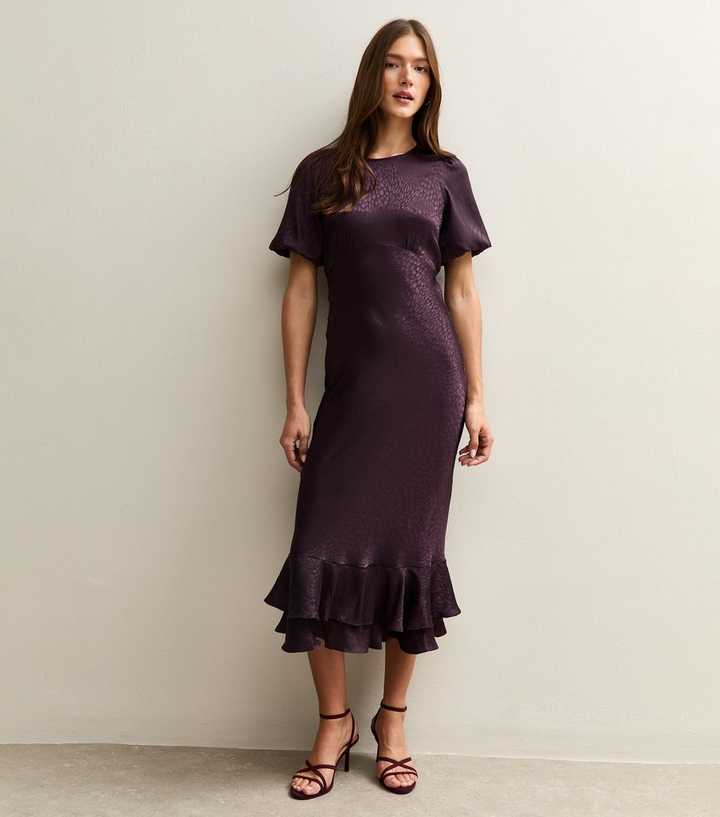 Dark Burgundy Feather Jacquard Satin Midi Dress