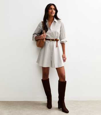Brown Striped Mini Shirt Dress