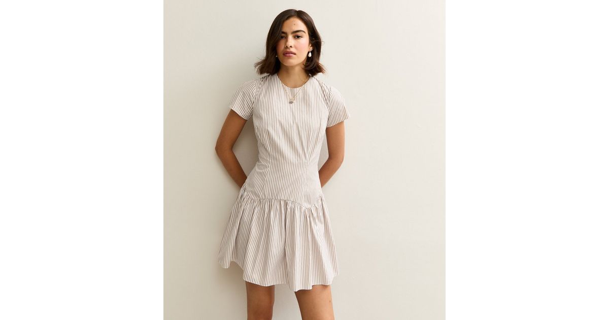 Brown Stripe Textured Drop Shoulder Pullover Top Drawstring Mini Skirt Two Piece Dress Set main image 0