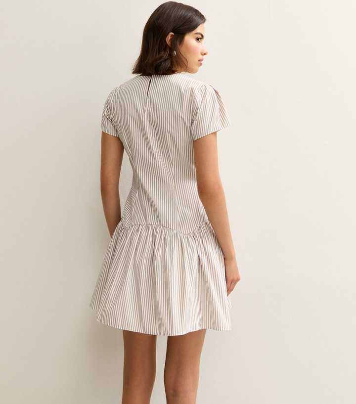 Brown Striped Cap Sleeve Drop Waist Mini Dress | New Look