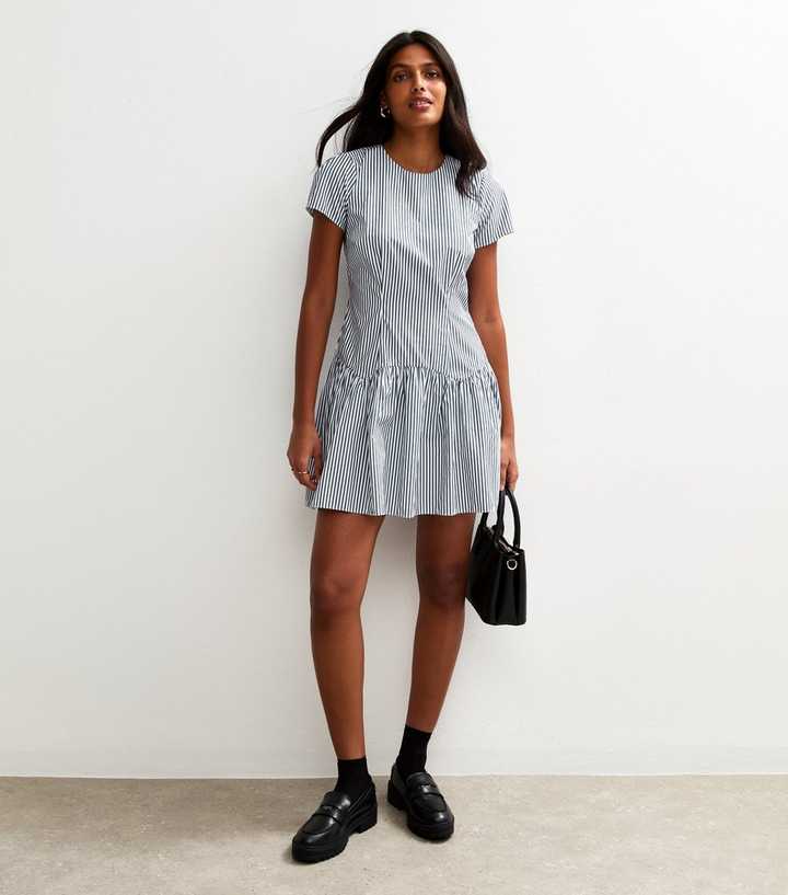 Blue Striped Cap Sleeve Drop Waist Mini Dress