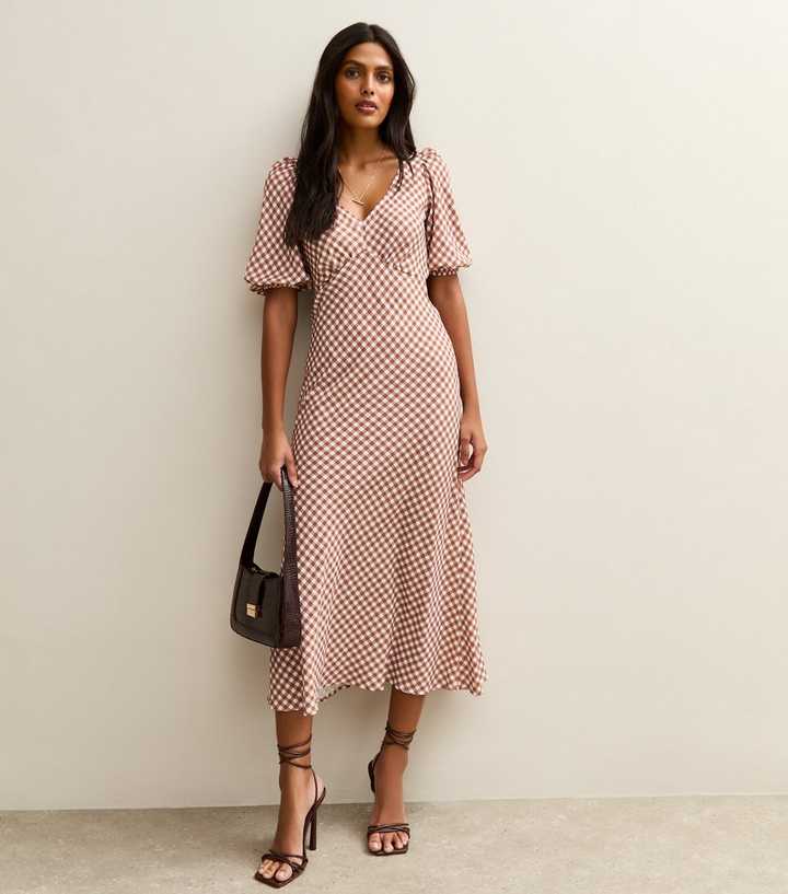 brown gingham dress with bows Print Bow Back Midi line dry MD062124 Chiffon Bridesmaid Dress With Size:standard (ivory satin)