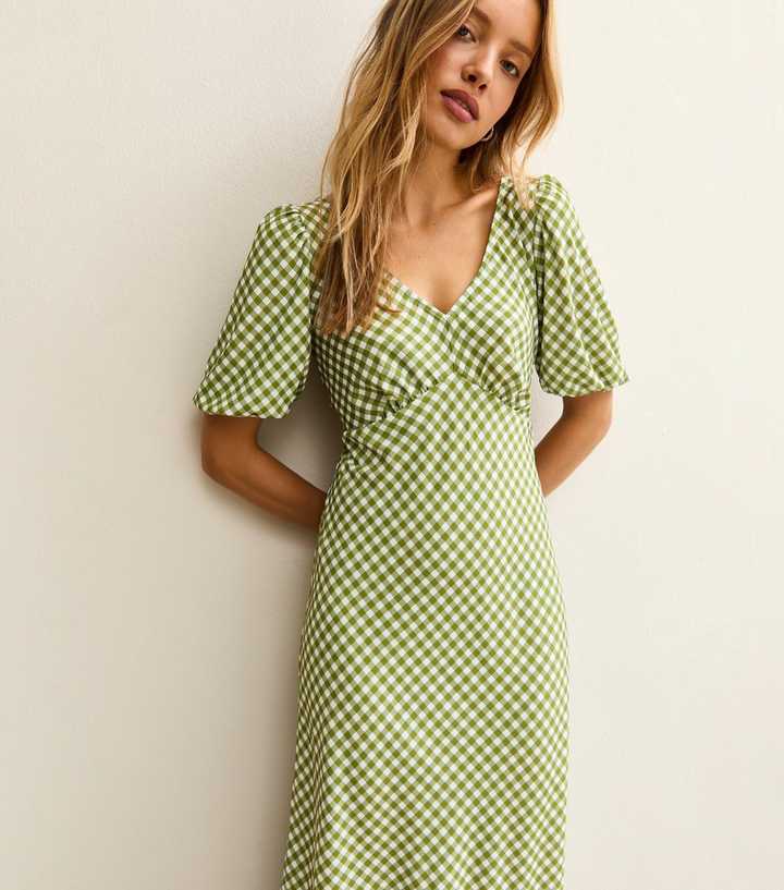 Green Gingham Print Bow Back Midi Dress
