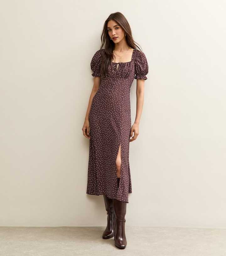 Brown Polka Dot Milkmaid Midi Dress