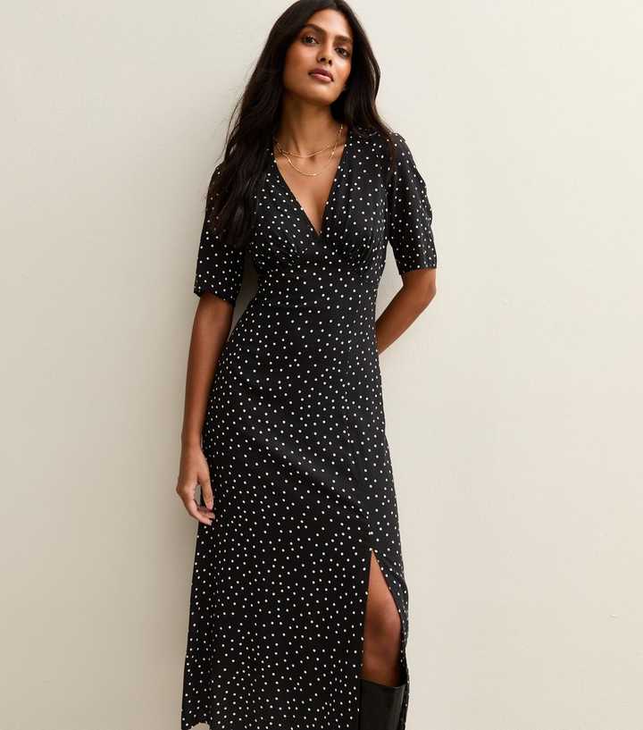 Black Polka Dot Slit Hem V-Neck Midi Dress
