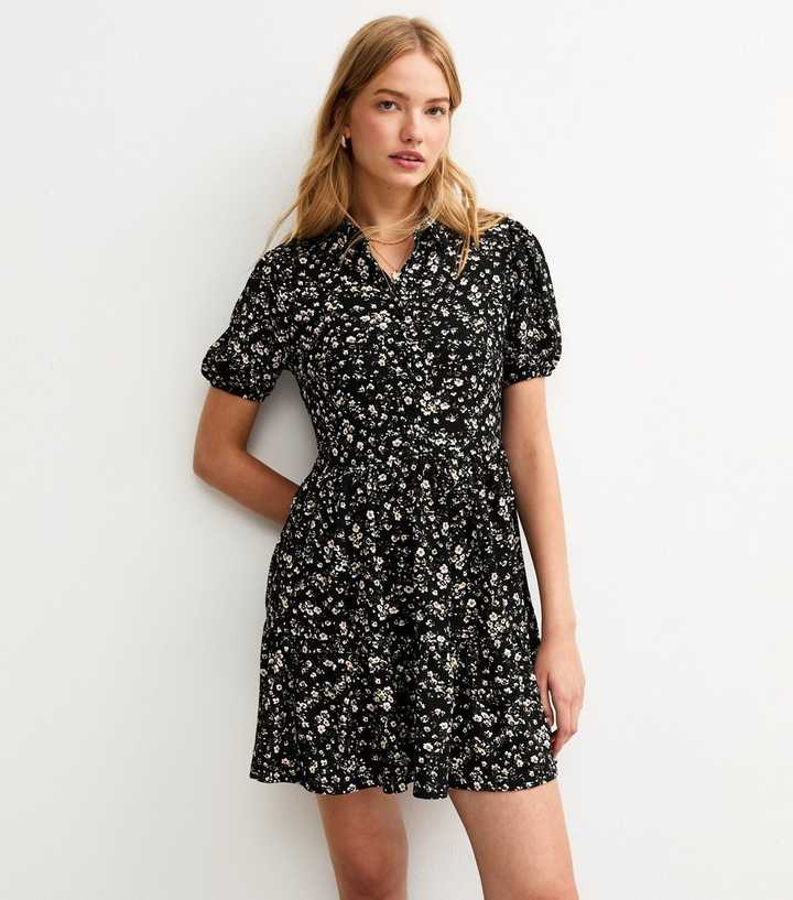 Black Floral Print Crinkle Texture Mini Shirt Dress
