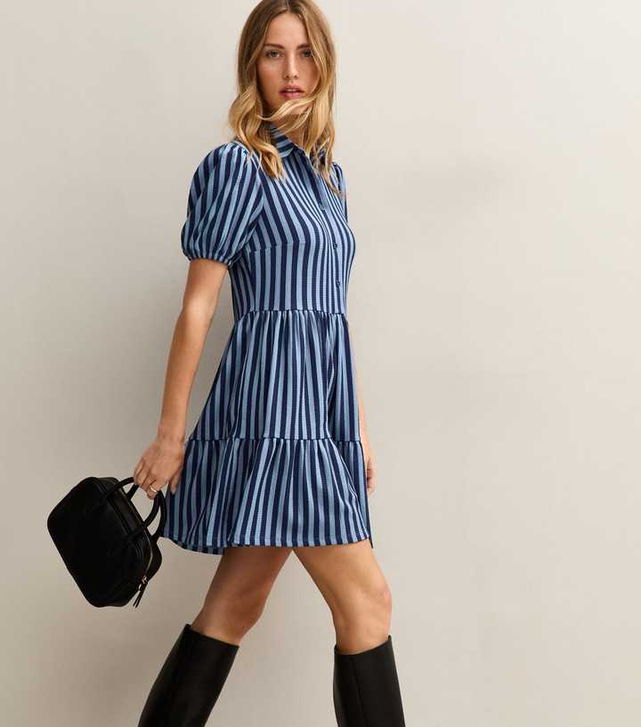 Blue Crinkled Texture Striped Mini Shirt Dress