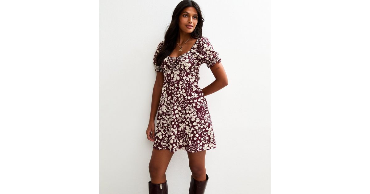 Red Floral Print Crinkled Jersey Milkmaid Mini Dress | New Look