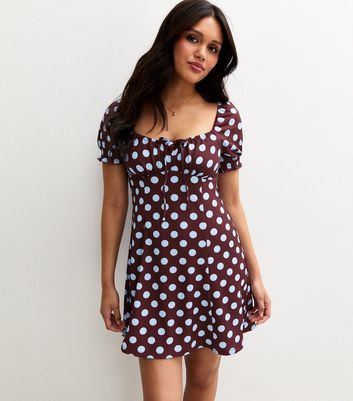 Red Spot Print Crinkle Texture Milkmaid Mini Dress | New Look