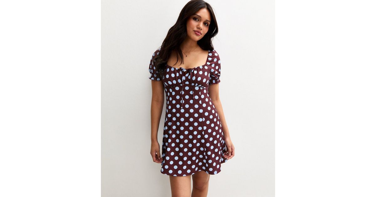 Red Spot Print Crinkle Texture Milkmaid Mini Dress | New Look
