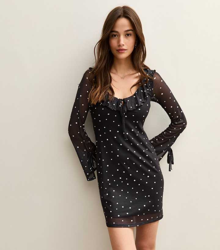 Black Polka Dot Tie Scooped Neck Mini Dress
