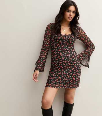 Black Rose Print Mesh Mini Dress