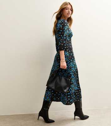 Blue Rose Print Satin Tea Midi Dress